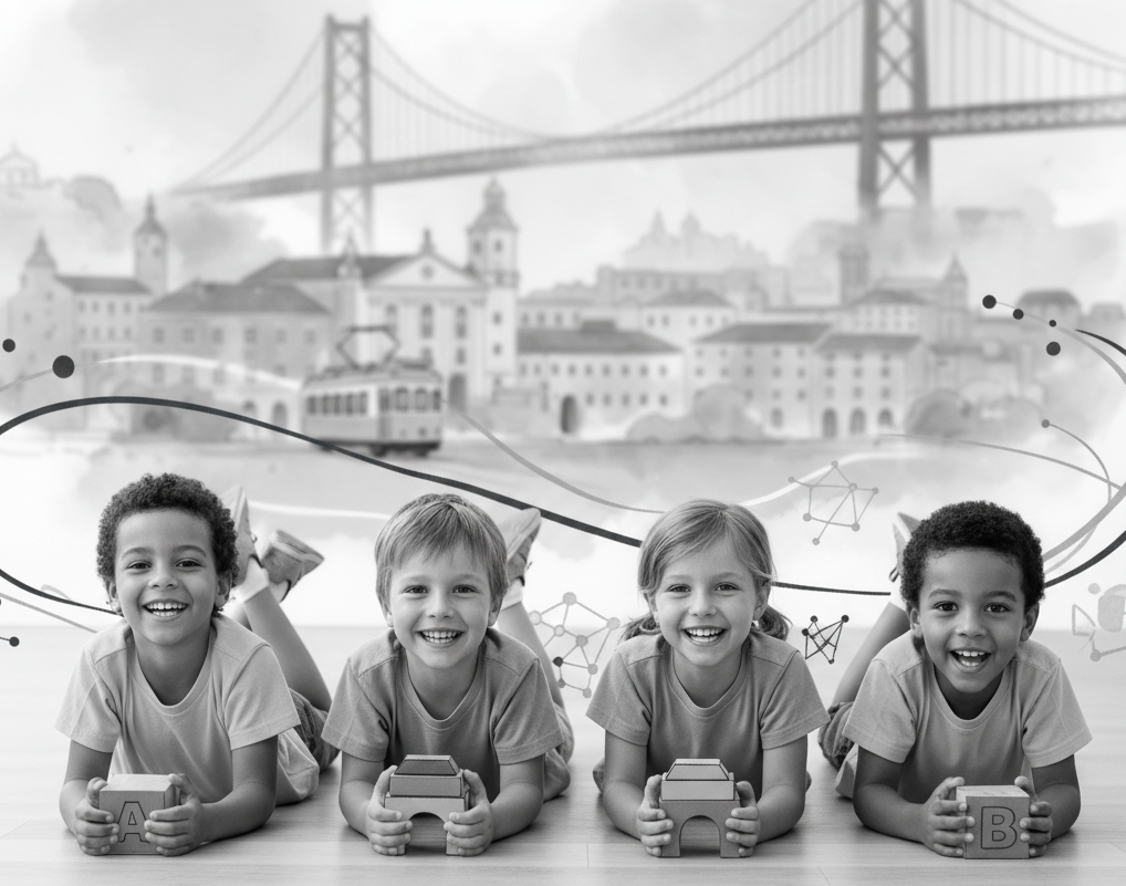 4 uśmiechniętych dzieci leży na ziemi na tle miasta